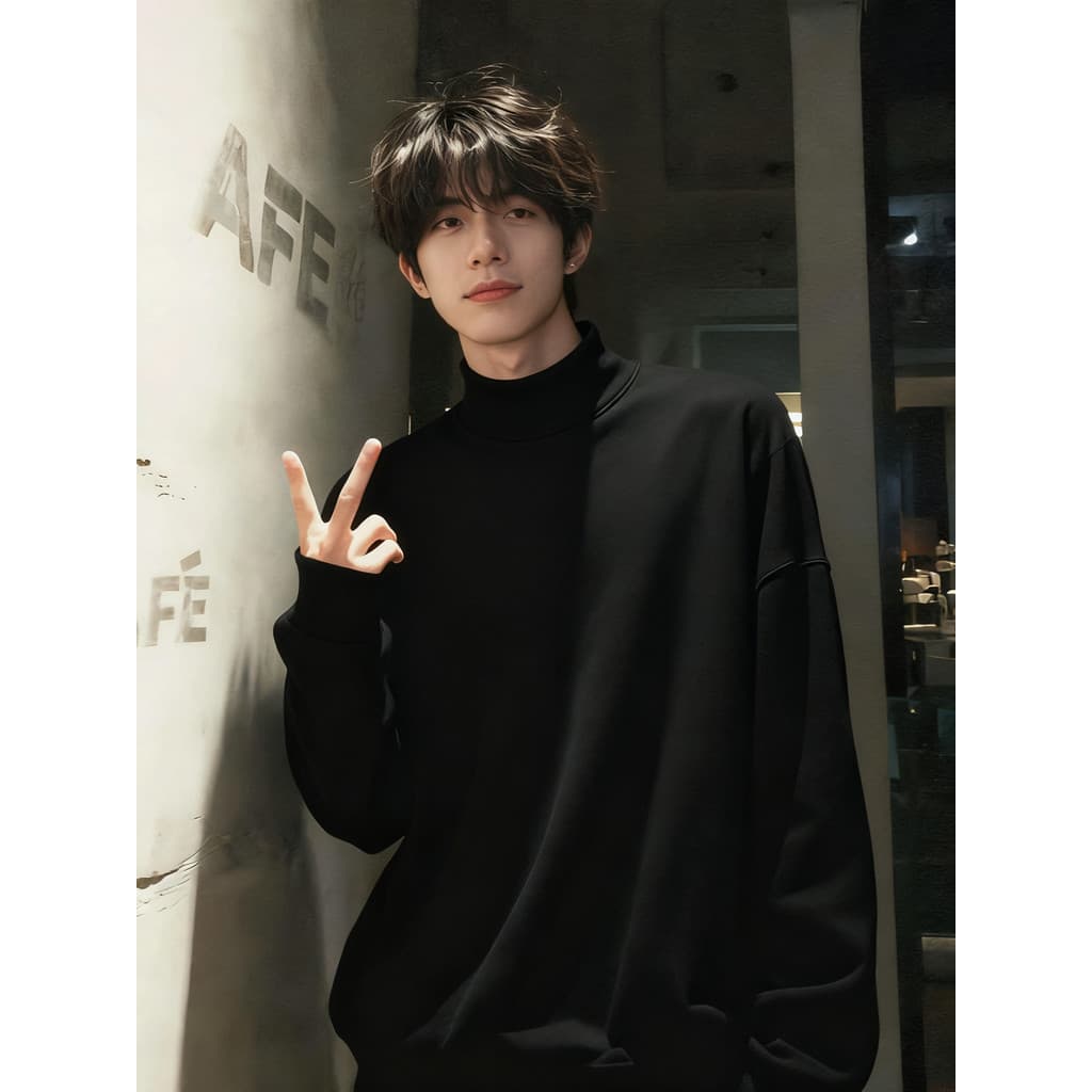 Meia gola alta preto alemão veludo camisa de fundo masculino outono inverno forro de lã de manga comprida camiseta pode