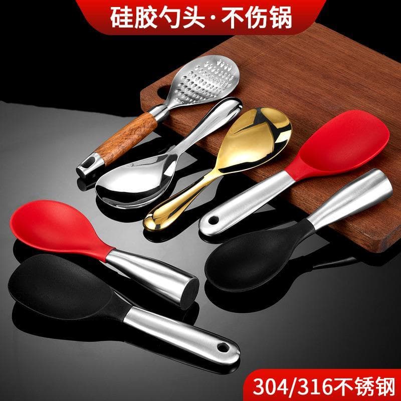 Colher de arroz 304 aço inoxidável Silicone colher de arroz doméstico colher de jantar cantina colher de comida 316 colh