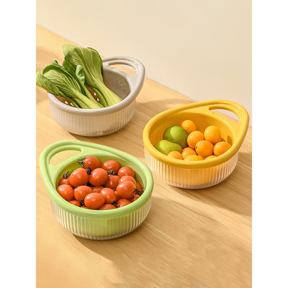 Bacia de lavagem vegetal cesta de drenagem novo estilo cozinha dupla camada frutas lavatório compartimento dreno bacia e