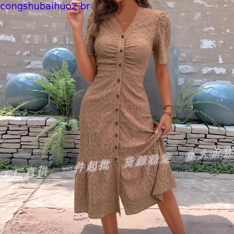 [gzhxdiizi1] Vestido Feminino De Manga Curta Com Decote Em V , Verão , Casual , Botão , Floral , Bolsos , Verde Claro XL