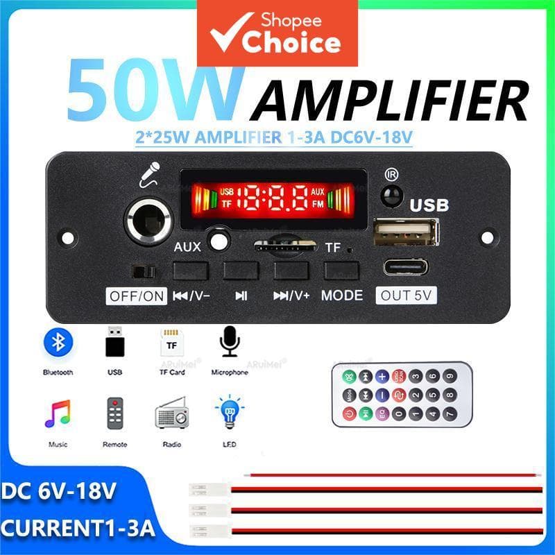 Placa Amplificadora Bluetooth 2x25W DC 6V-18V Com Controle Remoto Para Áudio Doméstico/Carro