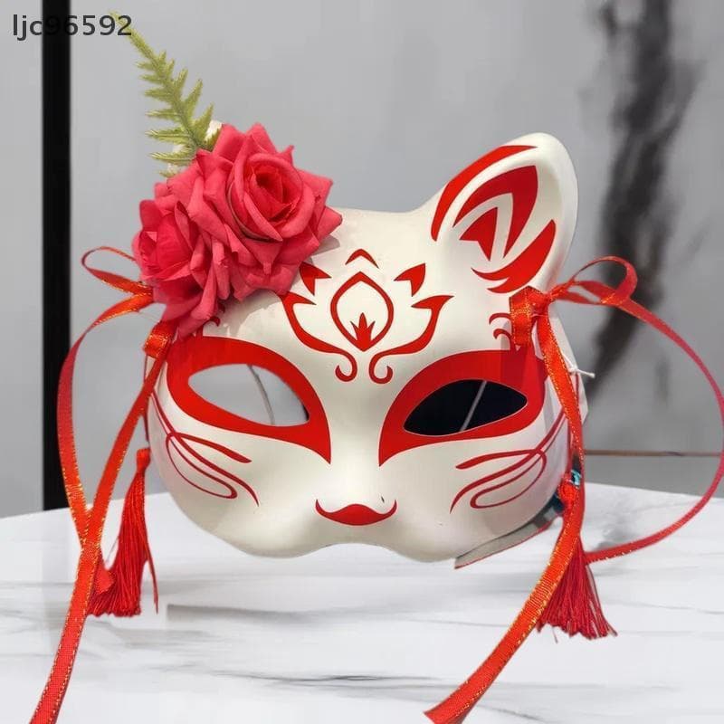 [ljc] Máscara Anime Demon Fox Japonesa Pintada À Mão Meia Face De Flores Masquerade Festival Ball Kabuki Kitsune Máscara