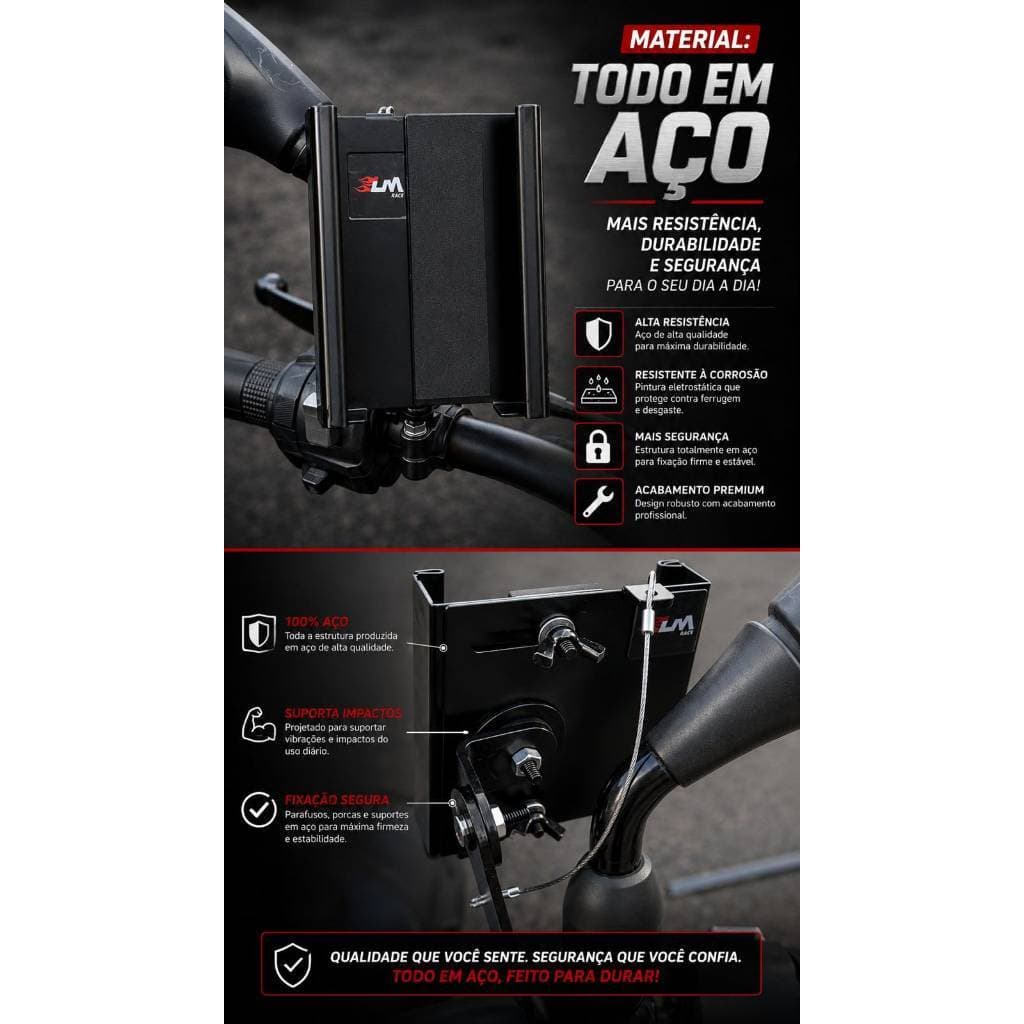 Suporte Celular Moto Aço Reforçado Fixação Retrovisor Universal Articulado Preto LM Race
