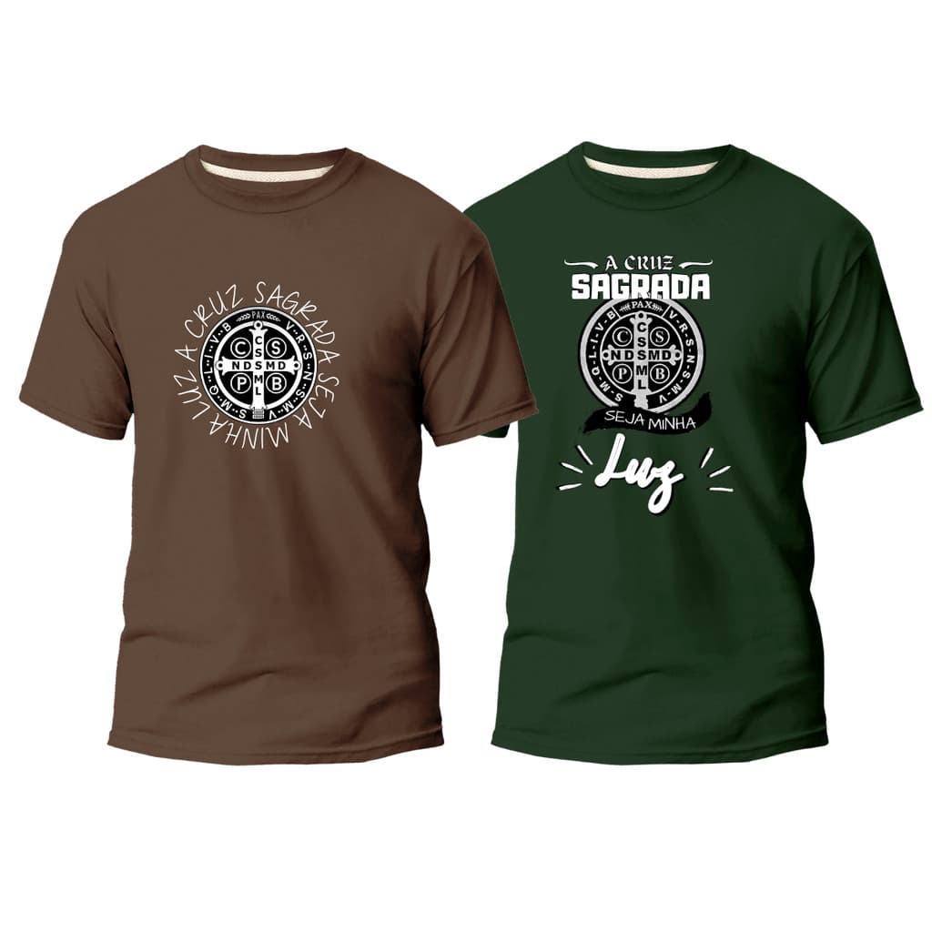 kit 2 camisetas 100%em algodão católica cruz e medalha de São Bento