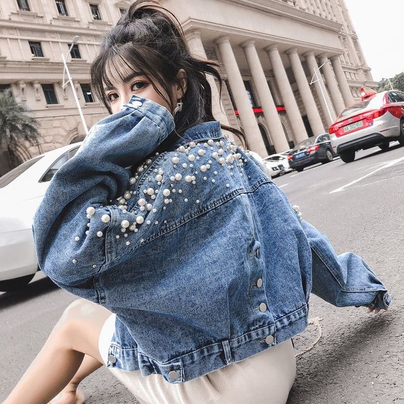 Jaqueta jeans feminina estudante versão coreana solta frisada denim jaqueta novo estilo jaqueta jeans feminina topo na m