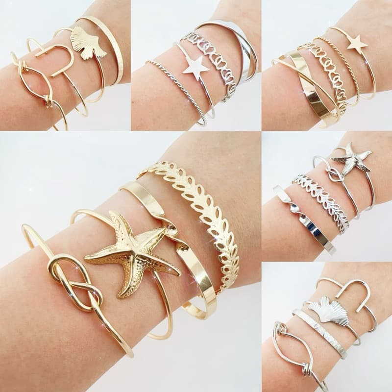 Conjunto de 4 Pulseiras, Pulseira Simples e Versátil em Liga Polida, Bracelete Aberto com Nó Vintage e Moderno para Mulh