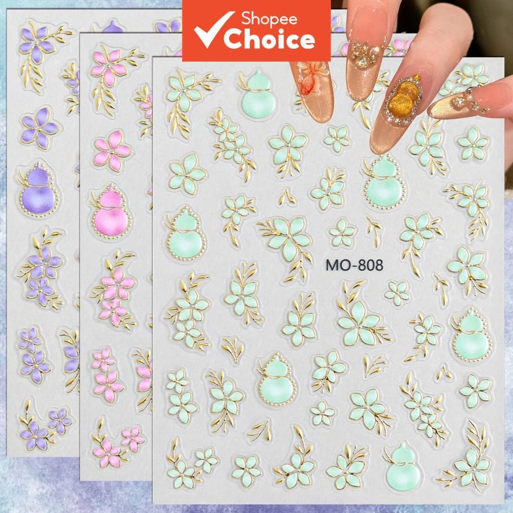 3/6/12 Folhas 5D Flores de Cabaça em Relevo Adesivos para Unhas, Película de Ouro Autoadesiva para Arte DIY