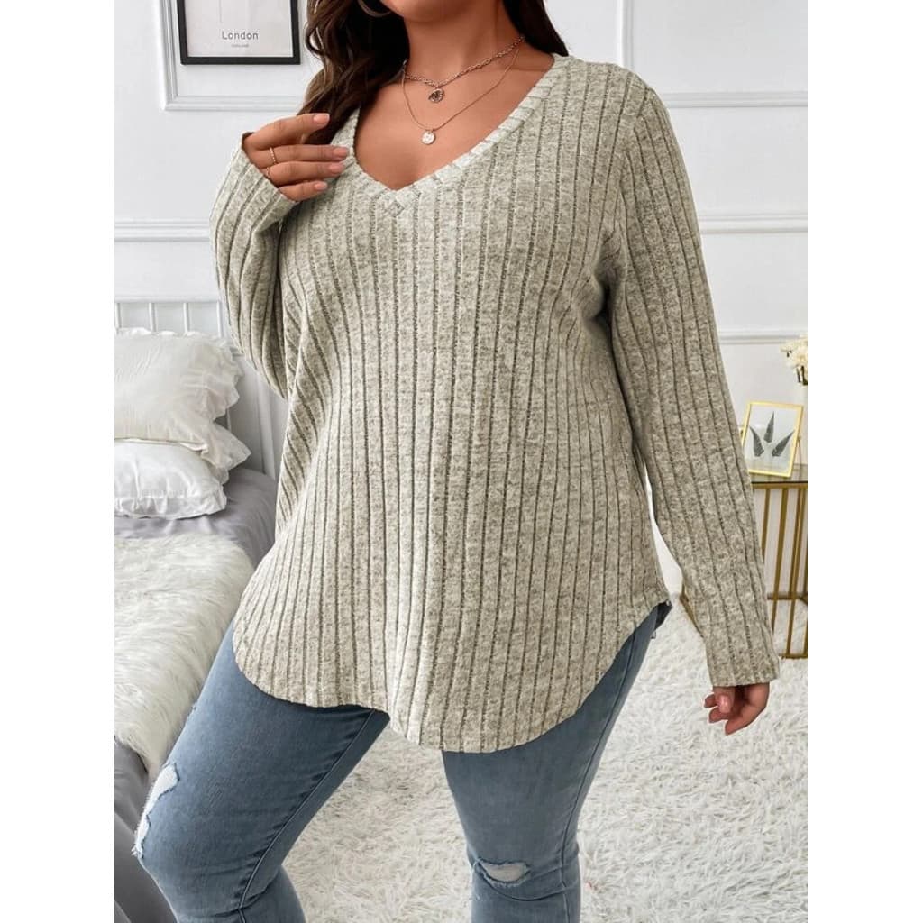 Blusa Feminina Tamanho Grande V-Neck Manga Longa Confortável Casual