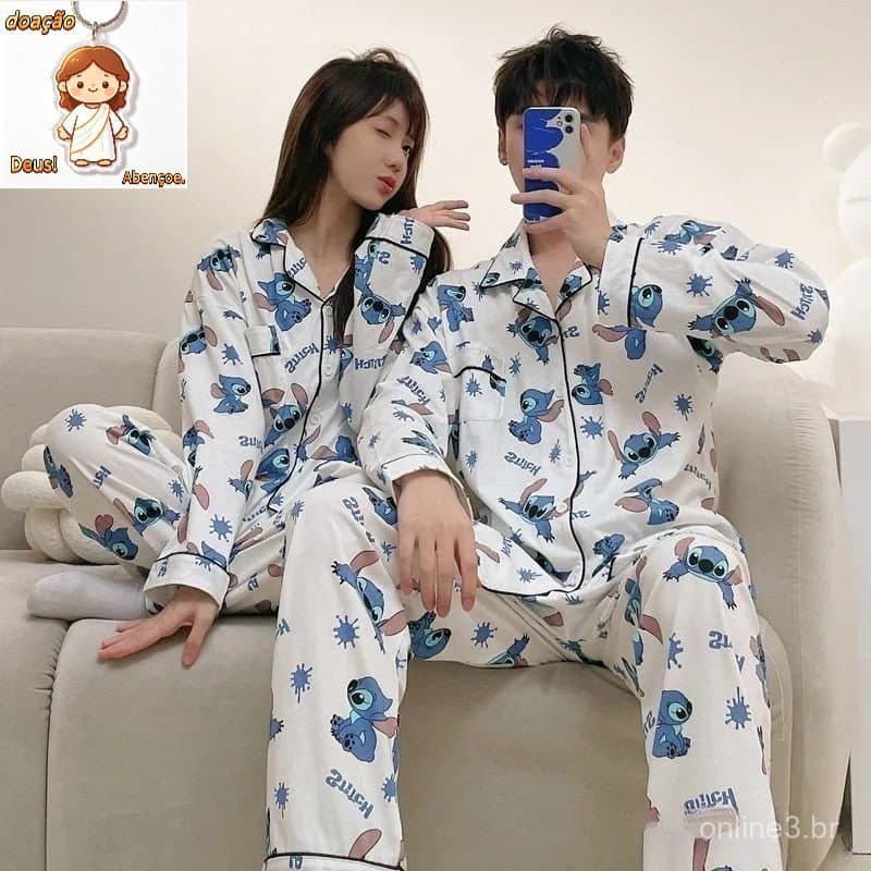 Stitch Pijama Manga Longa Algodão Homens Mulheres Estilo Casal Terno