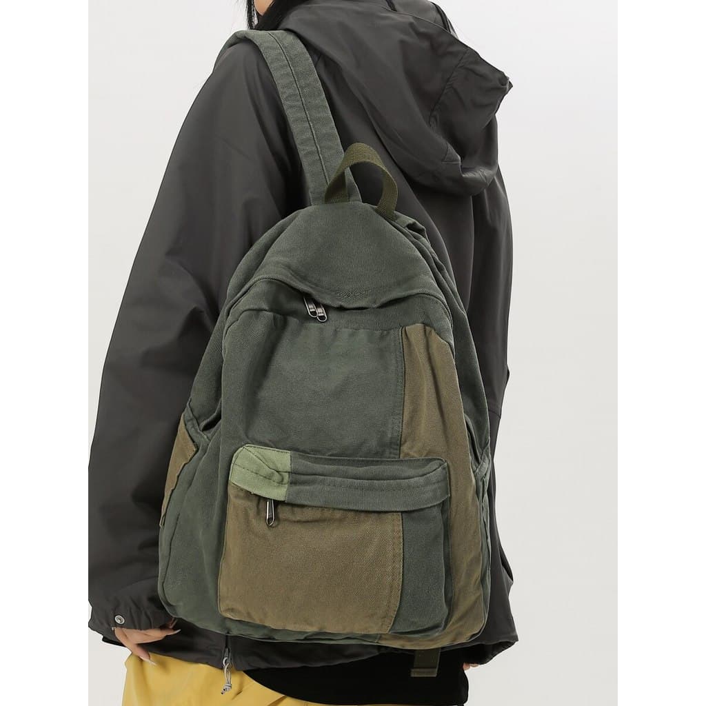 Casual contraste cor lona mochila feminina Retro angustiado rua na moda mochila estudante classe Commuter saco de escola