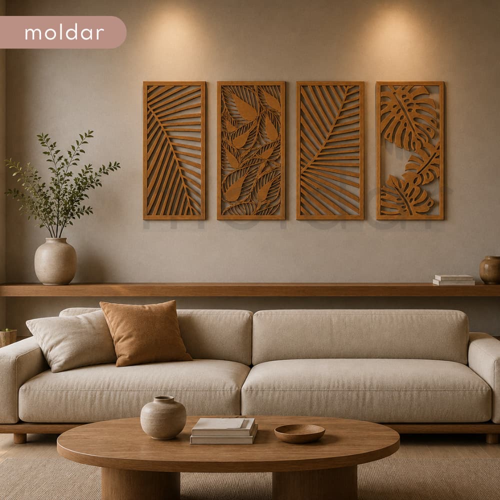 KIT 4 QUADROS DECORATIVOS FOLHAS – MDF VAZADO  MODERNO DECORAÇÃO MINIMALISTA