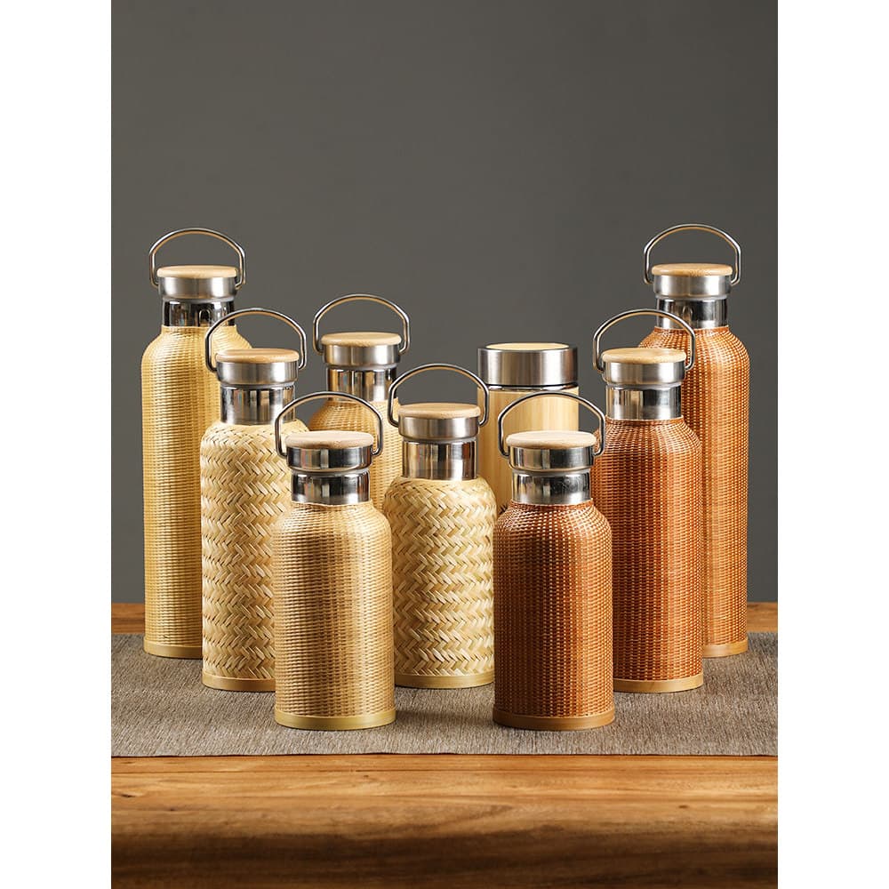 Copo térmico tecido de bambu feito à mão, garrafa de água quente, viagem criativa, portátil, copo de chá, aço inoxidável