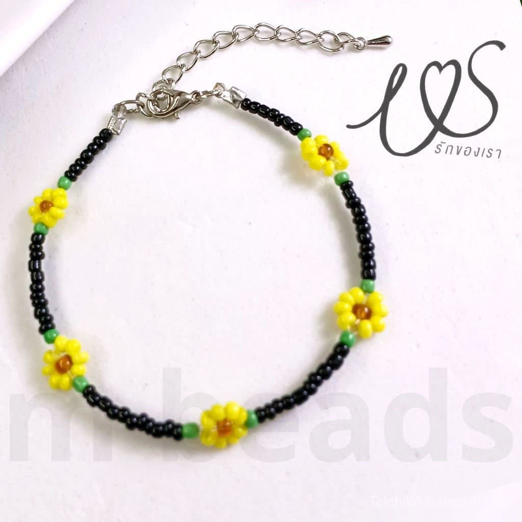 Pulseira de Miçanga - Pulseira Girassol - Pulseira Preta e Flor Amarela - [ Seri ado Us GL - Dokrak ]