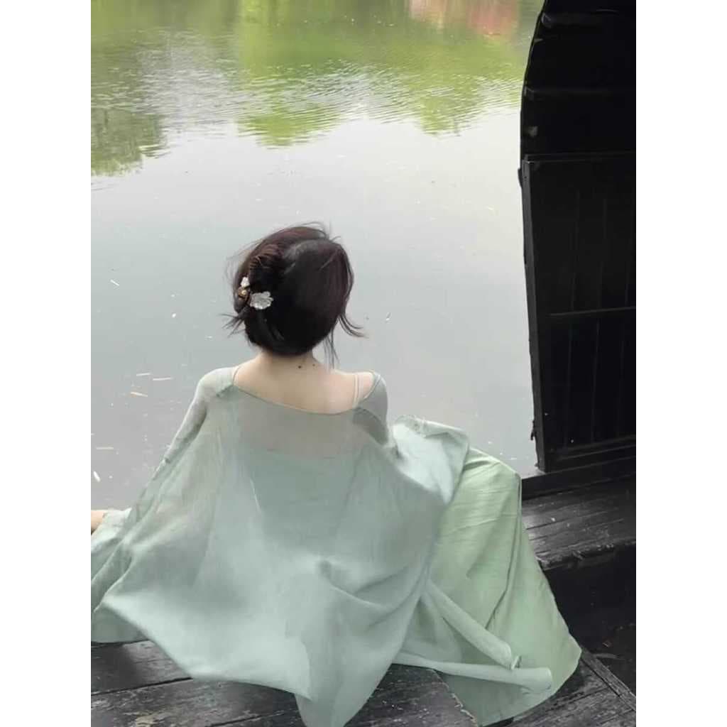Verde Chiffon roupas de proteção solar Cardigan feminino verão novo estilo Retro estilo chinês com saia estilingue xale