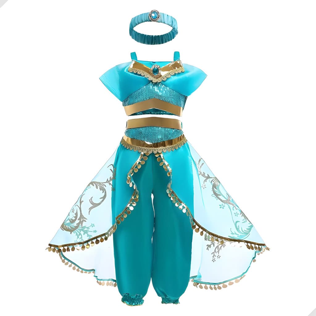 Kit Fantasia Princesa Jasmine Aladdin Infantil com Calça Top e Tiara Cosplay Completo para Meninas