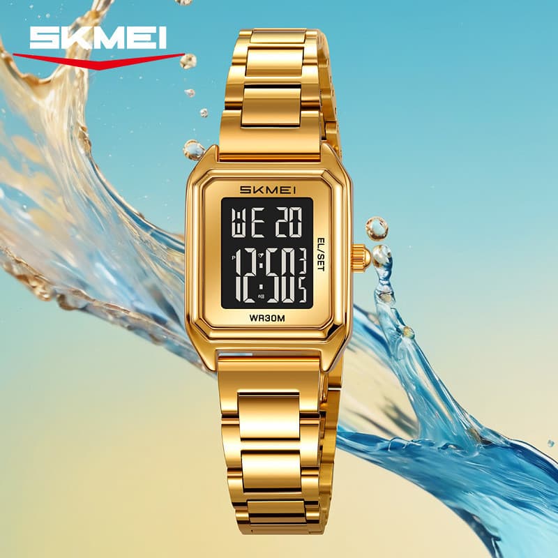 SKMEI moda quadrada pequena tela senhoras relógio pulseira de aço relógio eletrônico multifuncional na moda All-Match re