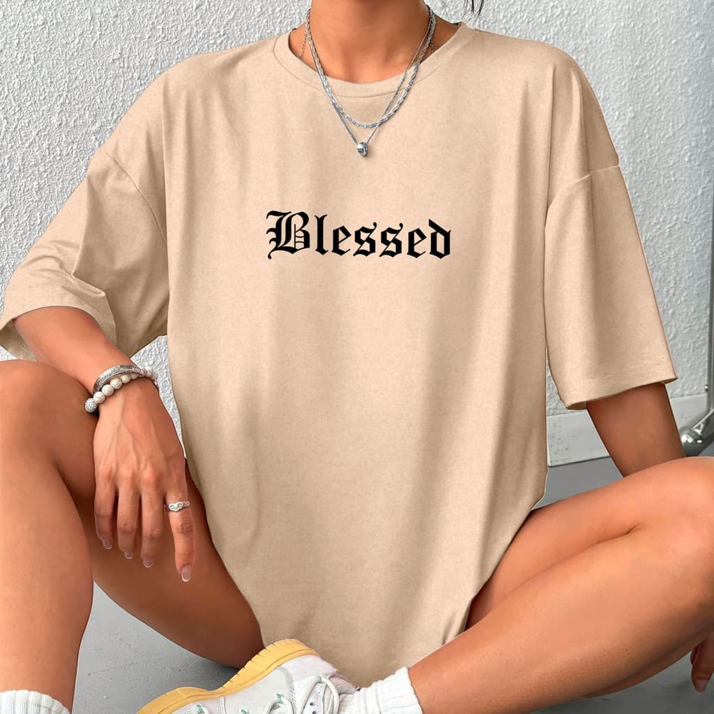 Camisetão Tipo Over Feminina Blusa  Blessed Abençoada Blusão Academia P ao G4 Shopping Algodão 30.1