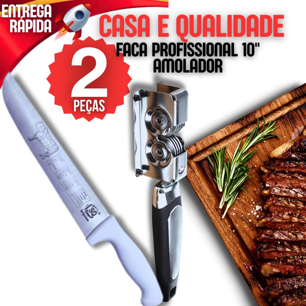 Kit 2 Afiador Amolador De Faca + Faca 10" Em Aço Inox Afiador De Faca Profissional Restaurante Casa