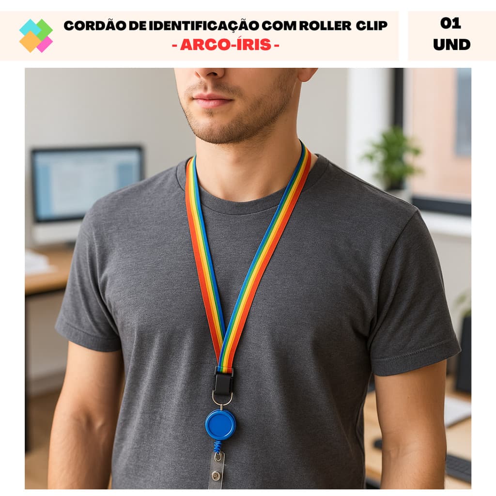 Cordão de Identificação com Roller Clip Retrátil - Colorido Arco-Íris (1 Und)