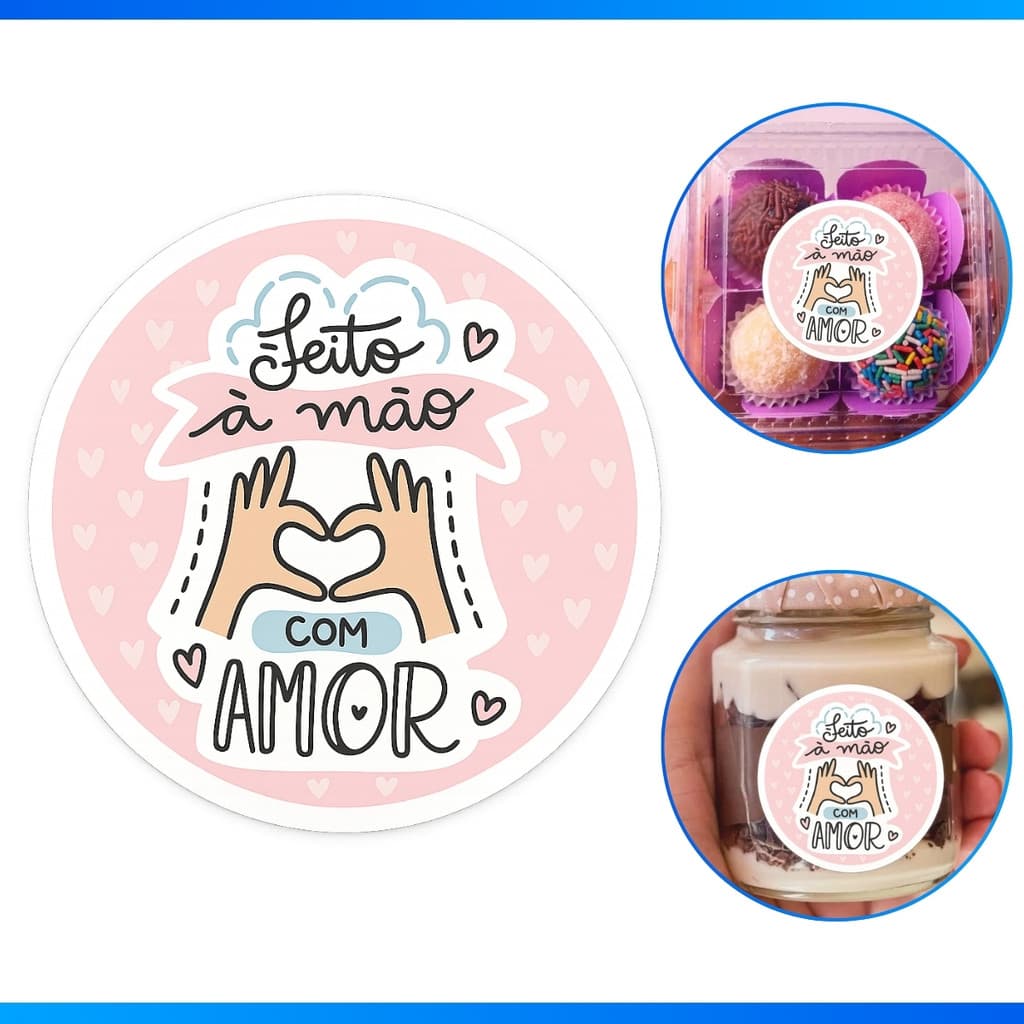 Adesivo Para Embalagens Selo Etiquetas Redondas Frase Feito A Mão Com Amor Rosa Corações - PROMOÇÃO