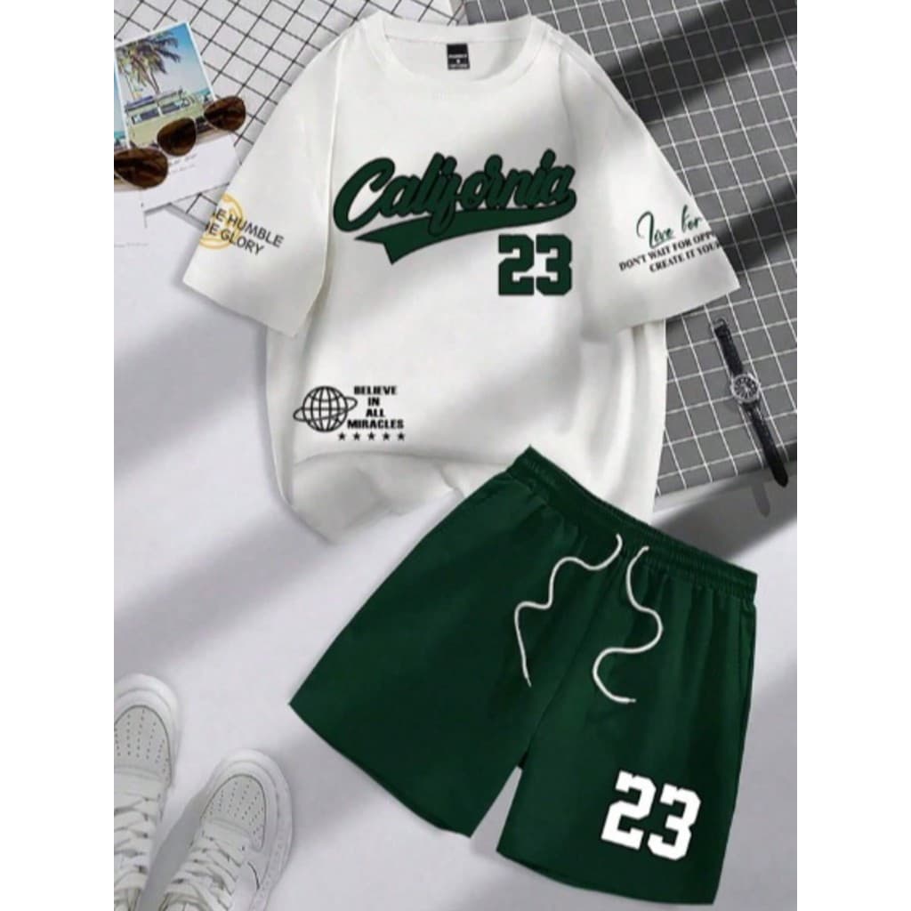 Kit Camiseta + Bermuda de Moletom Modelo "california 23 verde" Estilo Tumblr Moderno - LANÇAMENTO/PROMOÇÃO ESPECIAL