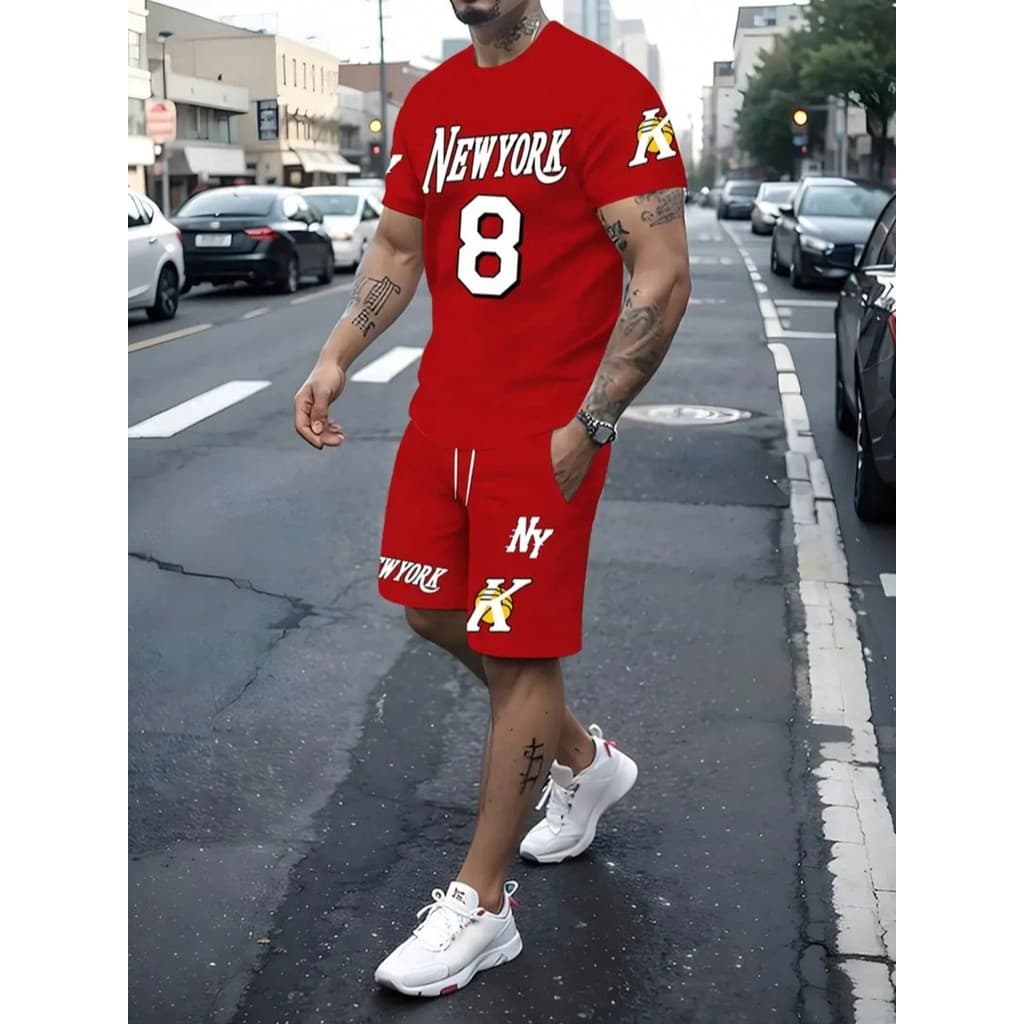 Kit Camiseta Vermelha + Bermuda de Moletom Estilo Tumblr "New York 8" -  LANÇAMENTO ESPECIAL
