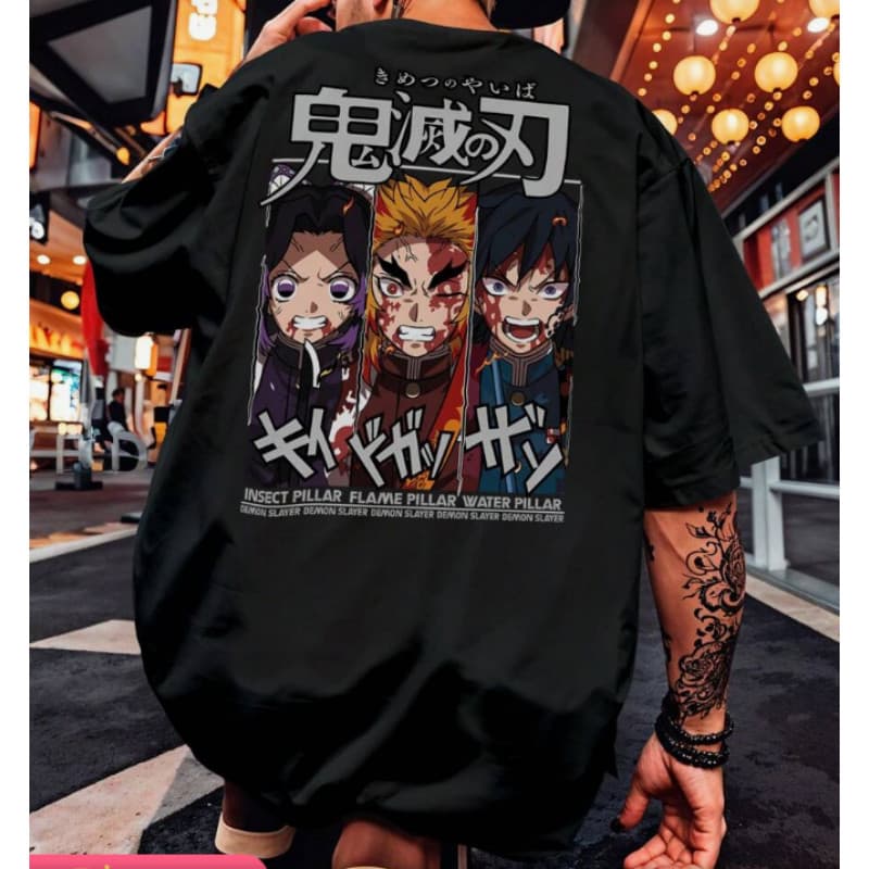 Camiseta Masculina De Algodão Oversized Com Estampa Dos Personagens Inseto, Chama E Pilares De Água Do Demon Slayer
