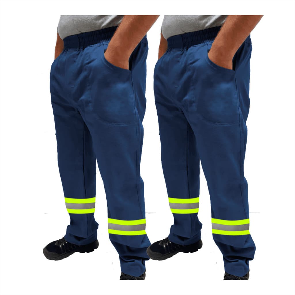 Kit C/ 2 Calça de Uniforme Mecânico Brim Profissional Reforçada Com Faixa Refletiva Verde
