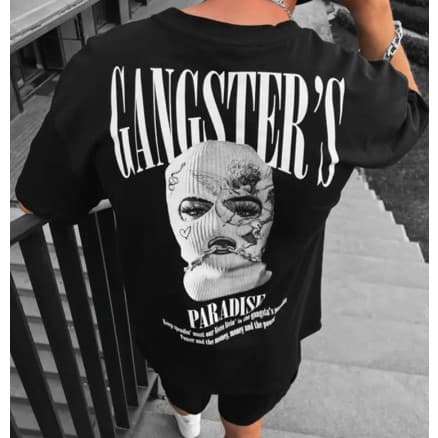 Camiseta Masculina Algodão Hip-Hop Tops Vintage Solto Estampa Gangster Trap Urban Street Grafite