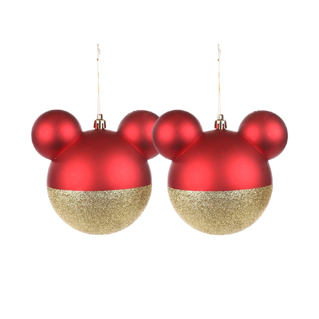Kit com 2 bolas de natal mickey mouse vermelha com glitter para arvore 10cm