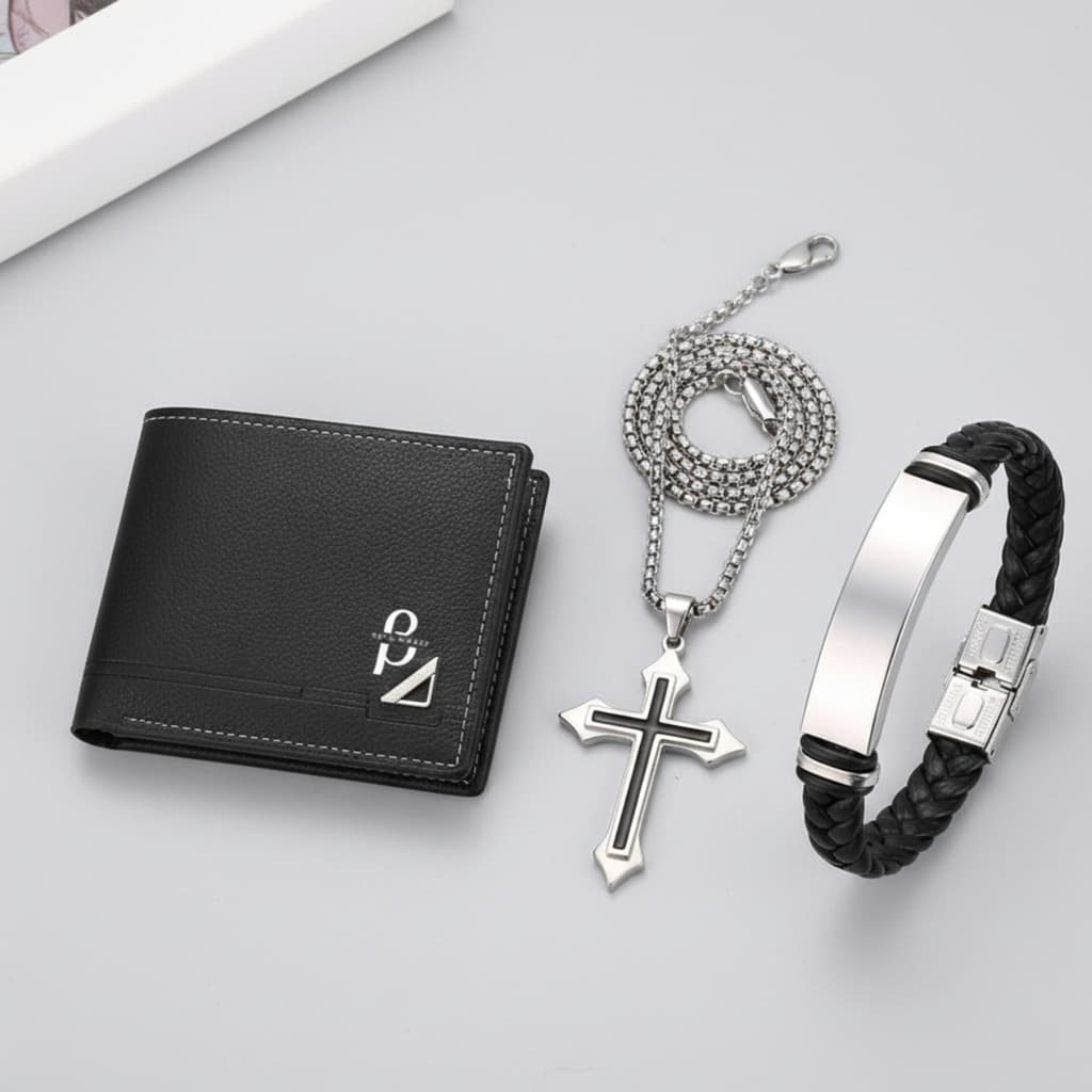 KIT 3 Peças Masculino: Carteira Premium + Colar Cruz Aço Inox + Pulseira Couro Trançado