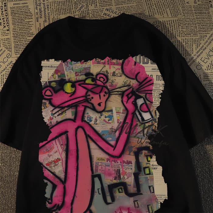 Camiseta Premium em Algodão PuroSISI Camiseta Unissex Plus Size Estampada com Pantera camisa anime desenho animado