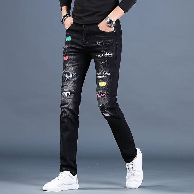 Bordado Street Wear 2026 Novo Estilo Outono Inverno Preto Jeans Masculino Slim-fit Pés Pequenos Stre