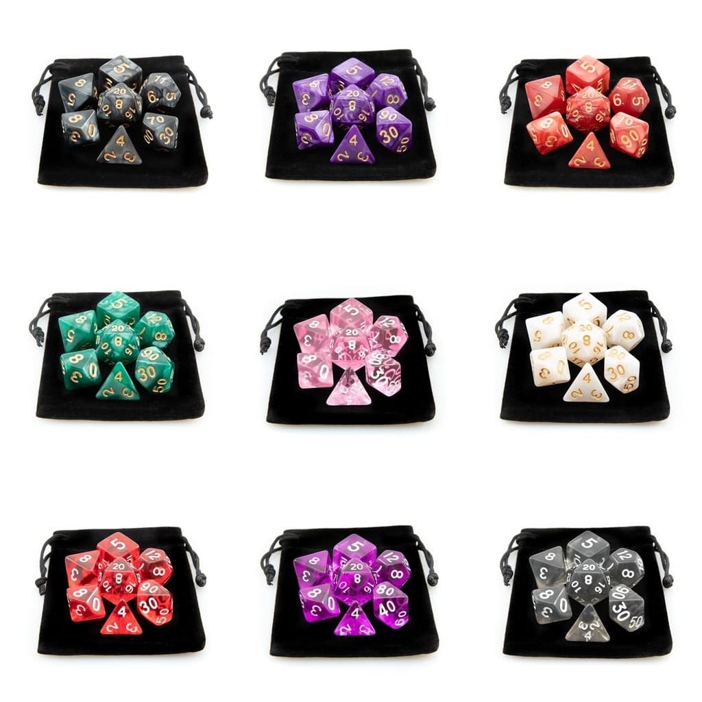 Conjunto de Dados RPG Com Bolsa Veludo D4 D6 D8 D10 D% D12 D20 D&D 7 Peças Várias Cores