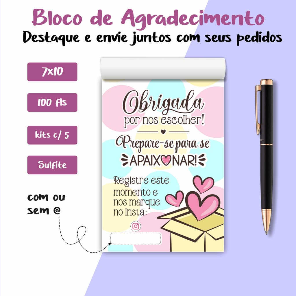 Blocos Talões Kit com 5 (500 Folhas Cada) para Agradecimento | Cartão de agradecimento | Card Mimo Cliente