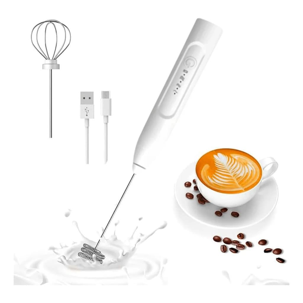 Mini Batedor Mixer Elétrico Portátil Branco Recarregável USB com Fuê Inox para Café Shakes e Ovos