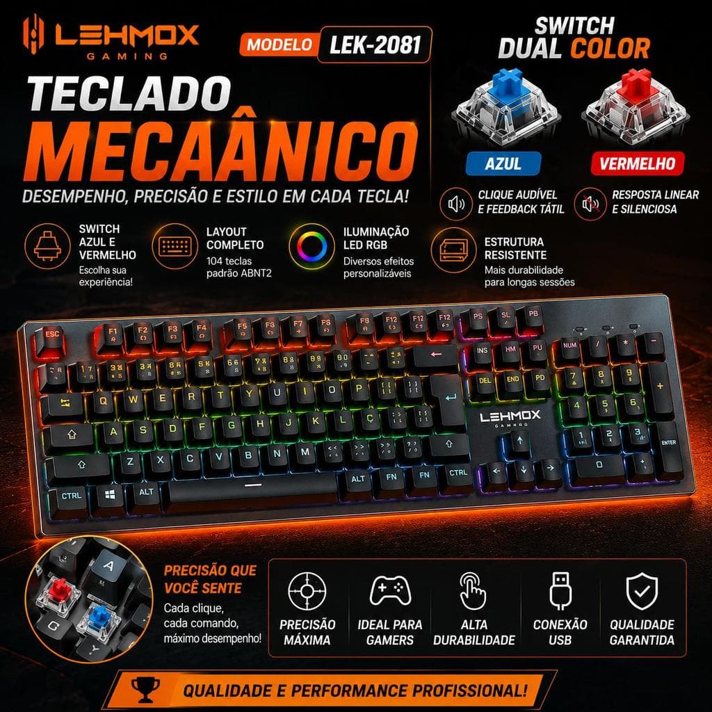 Teclado Mecânico Gamer LEHMOX LEK-2081 RGB USB Switch Azul e Vermelho ABNT2