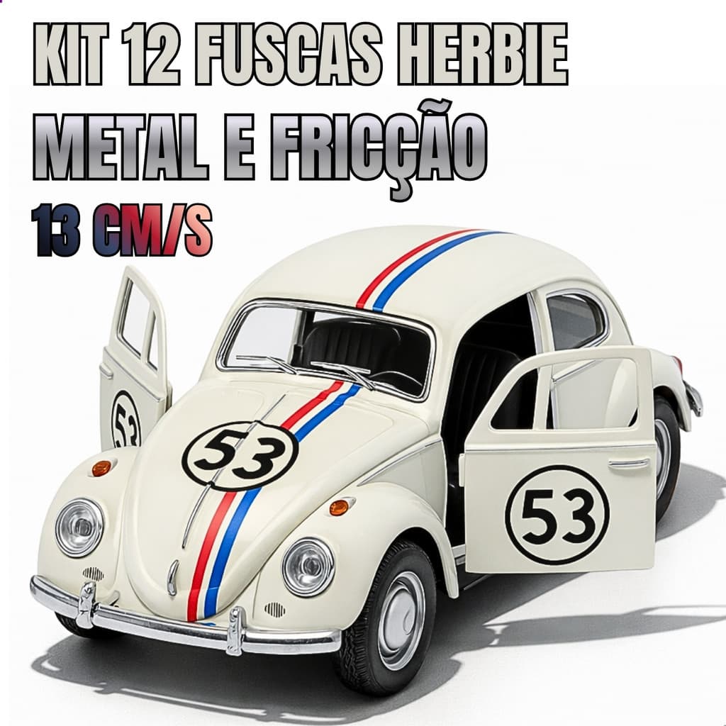 Kit 12 Fuscas Herbie Miniatura Metal 13cm – Fricção e Portas Funcionais