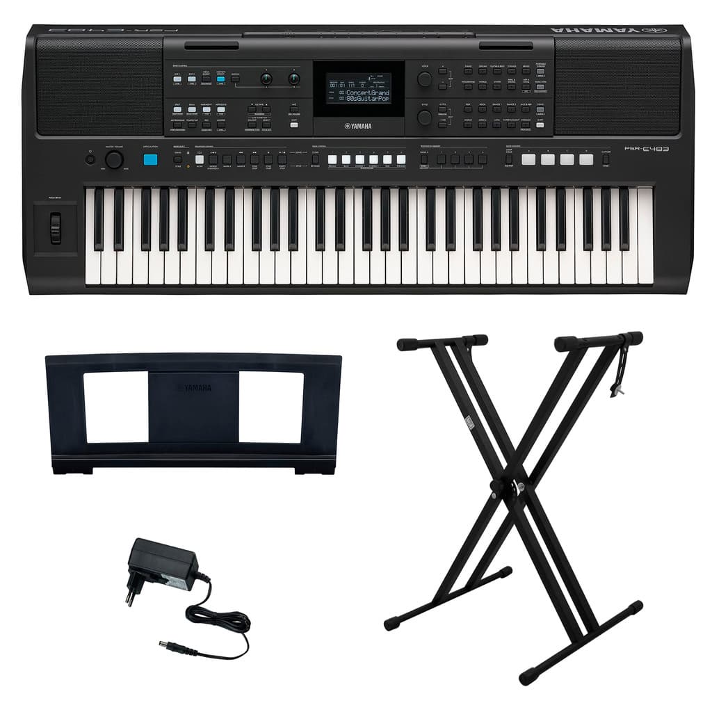 Kit Teclado Arranjador 61 Teclas Sensitivas PSR-E483 Yamaha com Suporte em X