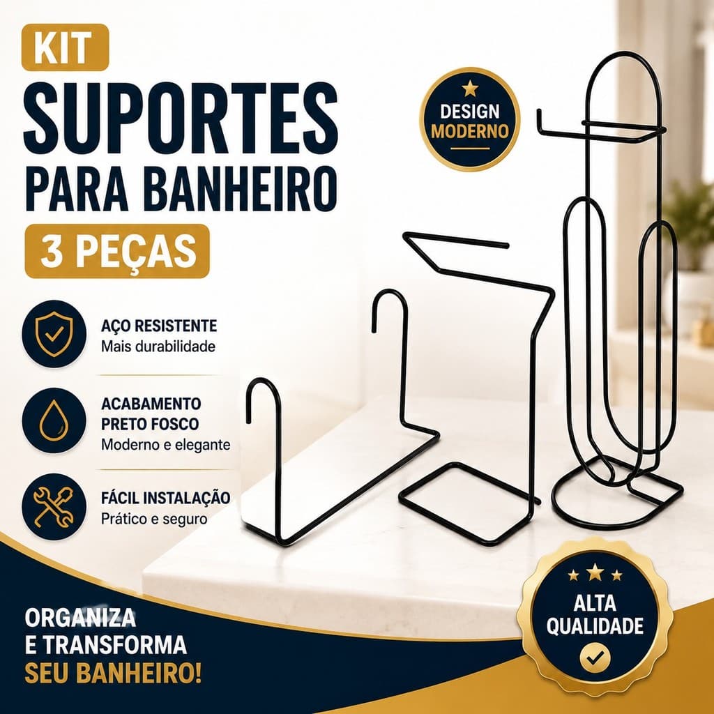 Kit 3 Suportes Para Banheiro Aramado Preto Fosco Organizador Porta Toalhas e Papel