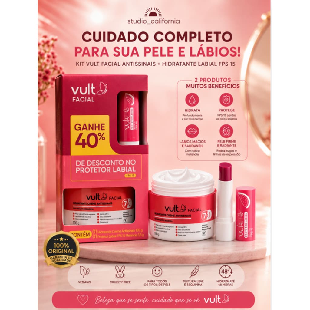 KIT Vult Facial Antissinais 7 em 1 100g Original Creme Antiidade Rugas Linhas Expressão + Protetor Labial FPS15 Melancia