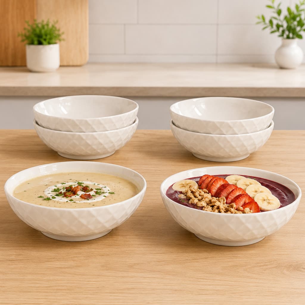 Kit 6 Tigelas de Cerâmica 385ml para Saladas e Frutas Cumbuca de Porcelana Sopas Bowls Mesa Posta