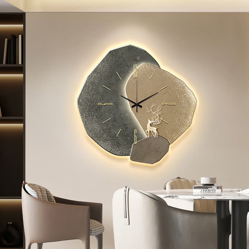 Relógio de parede com luz LED e figura de cervo silencioso decoração sala jantar presente luxuoso para casa nova