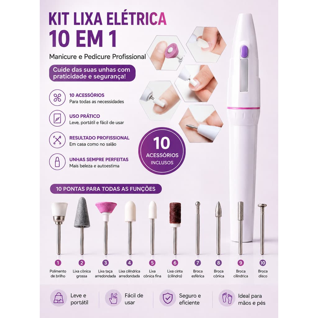 Kit de Lixa De Unha Elétrica 10 Em 1