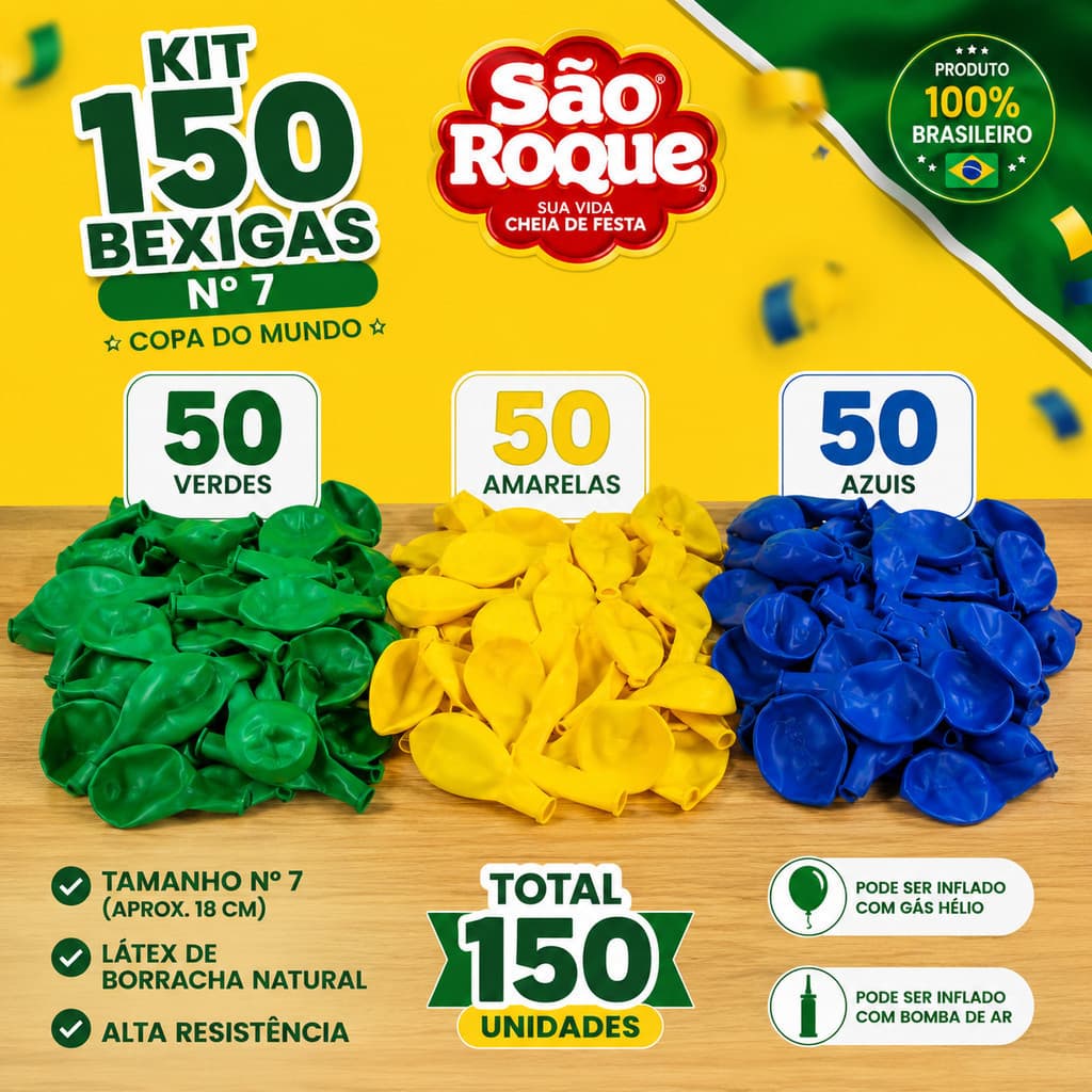 Kit com150 Bexigas São Roque Copa Do Mundo Verde Amarelo Azul Balão Nº 7 Festa Futebol Brasil