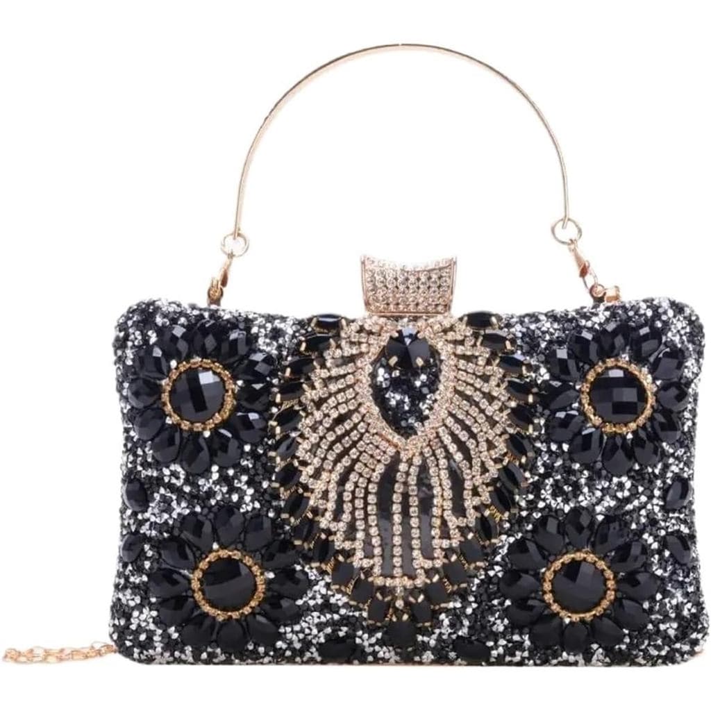 Bolsa de Noite Elegante com Strass e Corrente Fina para Mulheres em Festas de Gala, Coquetéis e Casamentos (Preto)