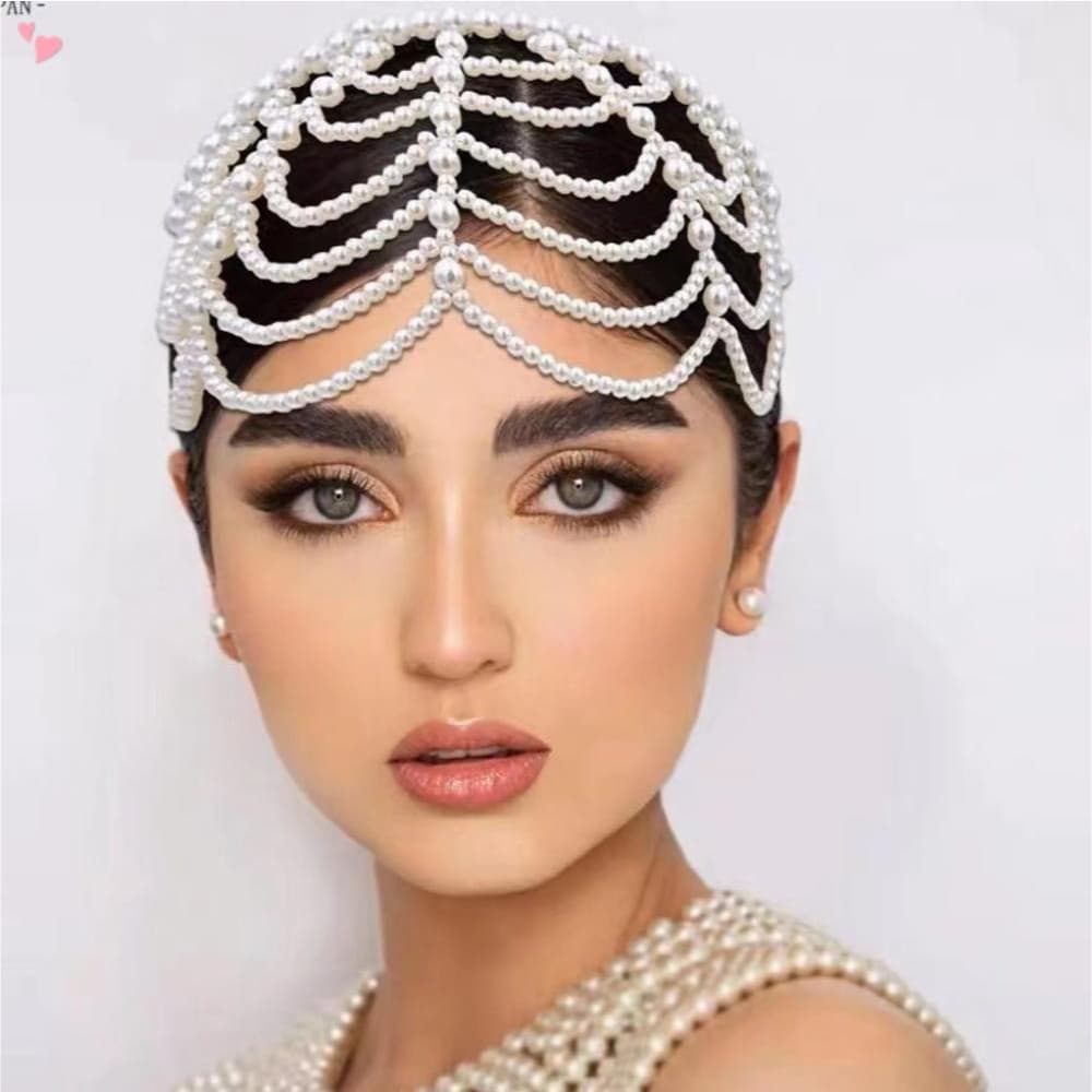 Acessório de cabelo feminino com pérolas, tiara de pérolas estilo anos 20, corrente de cabeça para carnaval, coroa model