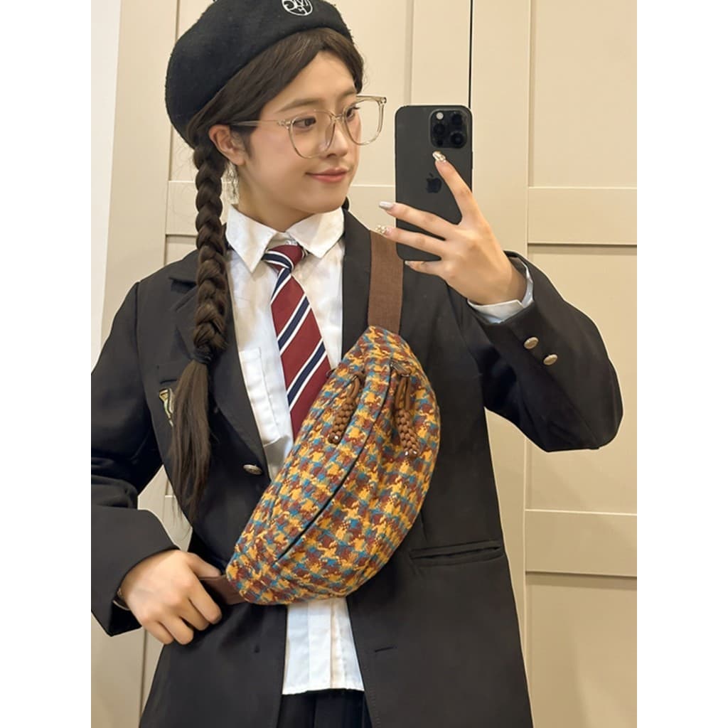 Estilo japonês ins saco de peito feminino 2026 novo estilo na moda saco do mensageiro de lã nicho Design Houndstooth lev