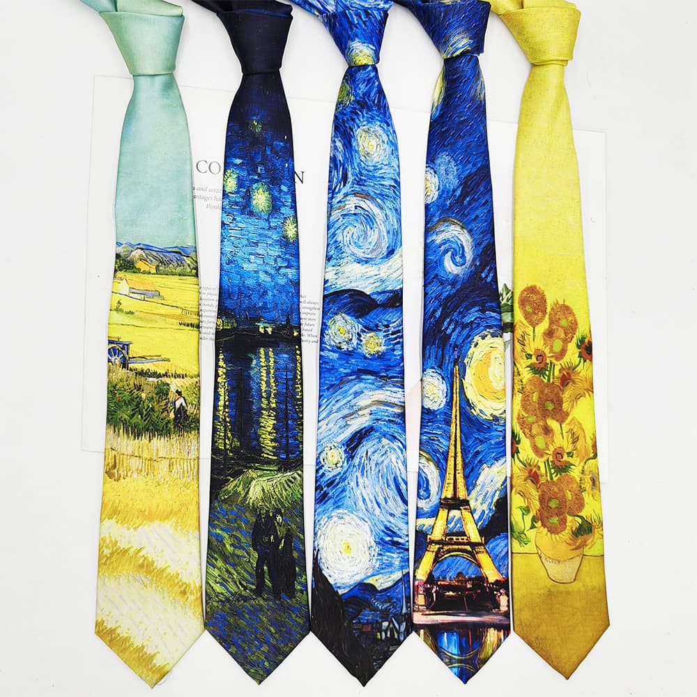 Gravata masculina de poliéster com estampa de seda, gravata vintage, pintura a óleo de Van Gogh, gravata casual de moda,