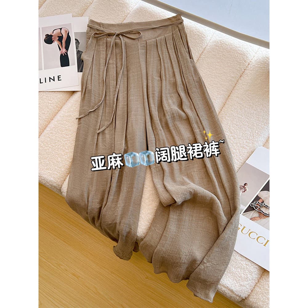 Estilo fino gelo seda linho algodão fofo linho calças de perna larga mulheres verão pequenos Culottes Drape linho respir